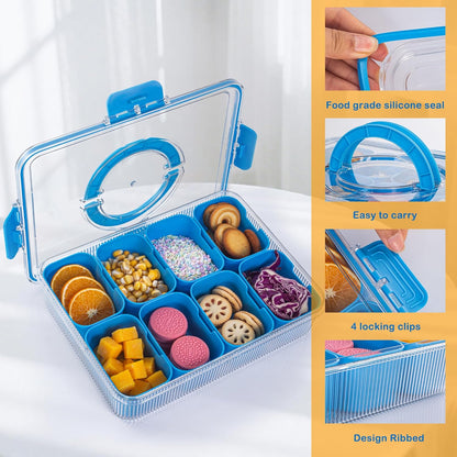 Patent Design Ribbed Snackle Box Container Snack Container Divided Serving Tray with Lid and Handle, 8 Divider Portable Snacklebox for Travel Beach for Charcuterie Veggie Fruit Candy,1 Pack