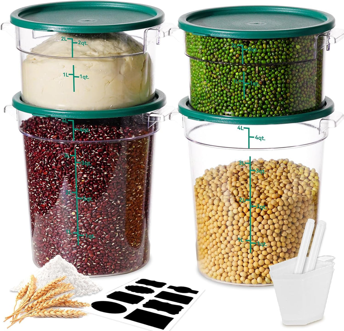 4QT NSF Food Storage Containers: 8 PCS [Food Grade][Hot&Cold Resistant] Commercial Clear Food Storage Containers with Lids for Restaurant Kitchen Proof Dough, Measuring Spoons Included(BPA FREE) - Colors B