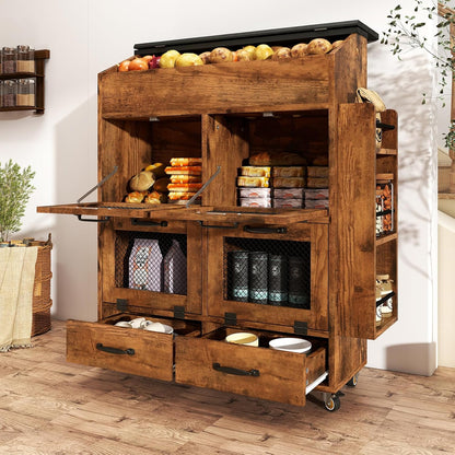 Verano Garden Potato and Onion Storage Bin on Wheels, Wood Bread Box with Lid & Mesh Doors, 4-Tier Rolling Fruit and Vegetable Storage Organizer w/Drawer & Side Rack for Kitchen (Rustic Brown, 16.0")