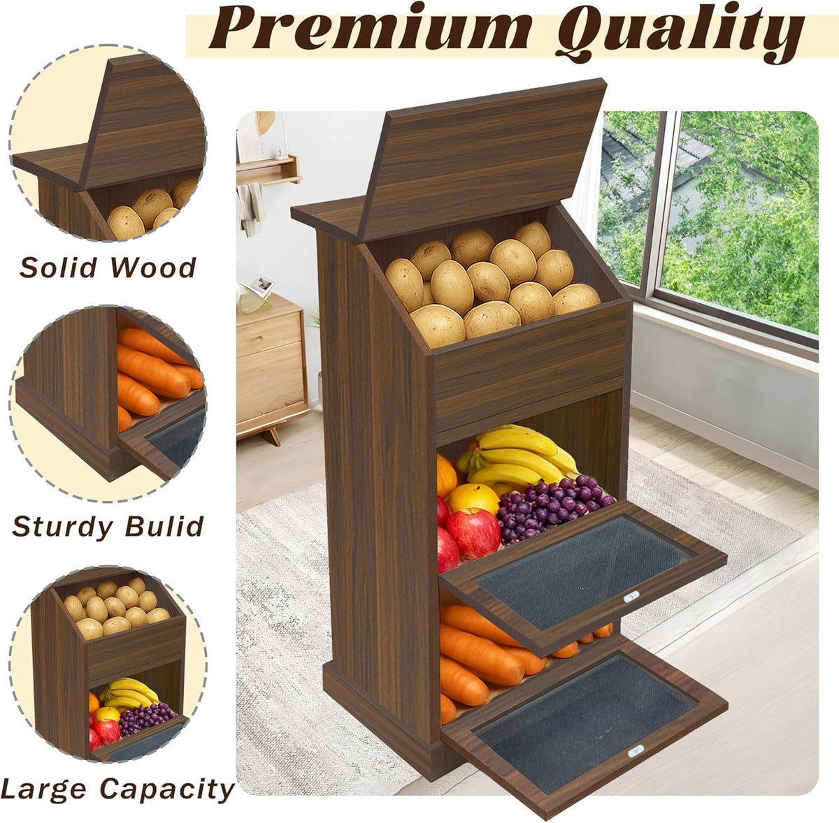 Potato Storage Bin, 3-Tier Potato and Onion Storage Bin with Lid, Wooden Bread Box for Fruit and Vegetable,Food Storage Containers for Kitchen Pantry (Oak)