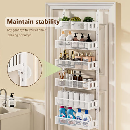 6-Tier Over The Door Pantry Organizer with Mesh Baskets, Adjustable & Stable Hanging Spice Rack for Kitchen, Bathroom, Bedroom, and Baby Essentials Storage
