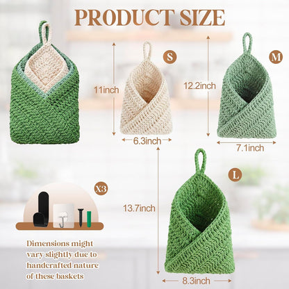 Honeydak Boho Decor Hanging Wall Baskets for Kitchen 3 Pack Teardrop Baskets with Hooks Storage Fruit Onion Vegetable Potato for Home 3 Sizes(Linen,Teardrop,Jute)