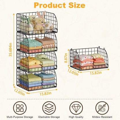 Lyuwanxian 4-Pack Stackable Wire Baskets for Closet Organizers and Storage, Open Storage Bins for Clothes, Toys, and Snacks - Rustic Metal Closet Organizer and Shelves in Black