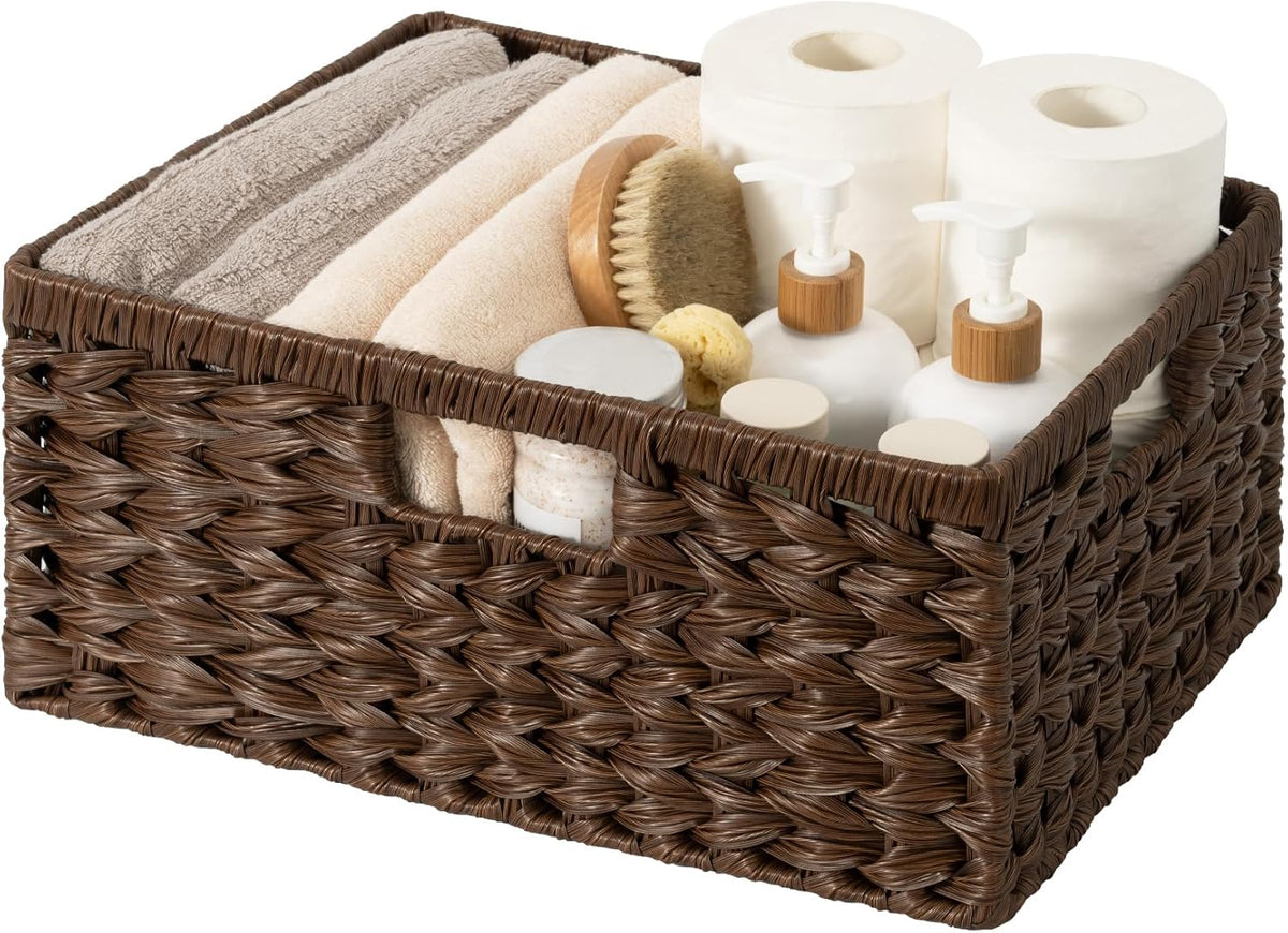 GRANNY SAYS Wicker Storage Baskets for Shelves, Wicker Baskets for Organizing, Waterproof Woven Basket for Pantry, Rectangle Basket for Shlef, Brown, 2-Pack