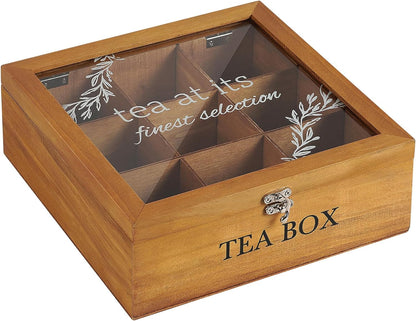 Tea Box Organizer,Wood Tea Bag Holder Organizer,Modern Teas Bag Storage with 9 Compartments and Glass Cover for Home Office Gift