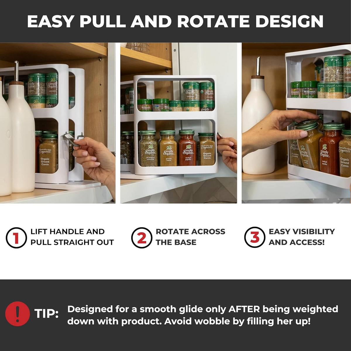 Cabinet Caddy Spice Rack Organizer for Cabinet - Slide & Rotate Kitchen Organizers and Storage - 2 Double-Decker Shelves - Non-Skid Base - Magnetic Modular Design - 10.8" H x 5.25" W x 10.8" D