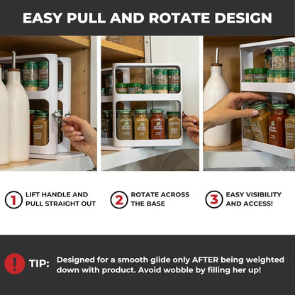 Cabinet Caddy Spice Rack Organizer for Cabinet - Slide & Rotate Kitchen Organizers and Storage - 2 Double-Decker Shelves - Non-Skid Base - Magnetic Modular Design - 10.8" H x 5.25" W x 10.8" D