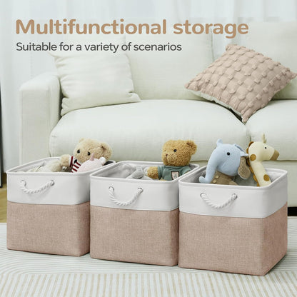 Large Storage Baskets- 15.7x11.8x8.26 inch Storage Bins for Shelves and Closet Organizing, Foldable Fabric Bin for Home Organization Clothes and Laundry (3-Pack, White&Khaki)