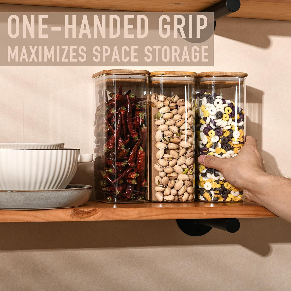 D2scrma 37oz Rectangle Airtight Glass Storage Containers with Bamboo Lids (Set of 6), Square Food Storage Jar, Pantry Organizers for Cereal, Nuts, Snacks and Coffee beans (‎with Black Lable)