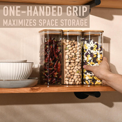 D2scrma 37oz Rectangle Airtight Glass Storage Containers with Bamboo Lids (Set of 6), Square Food Storage Jar, Pantry Organizers for Cereal, Nuts, Snacks and Coffee beans (‎with Black Lable)