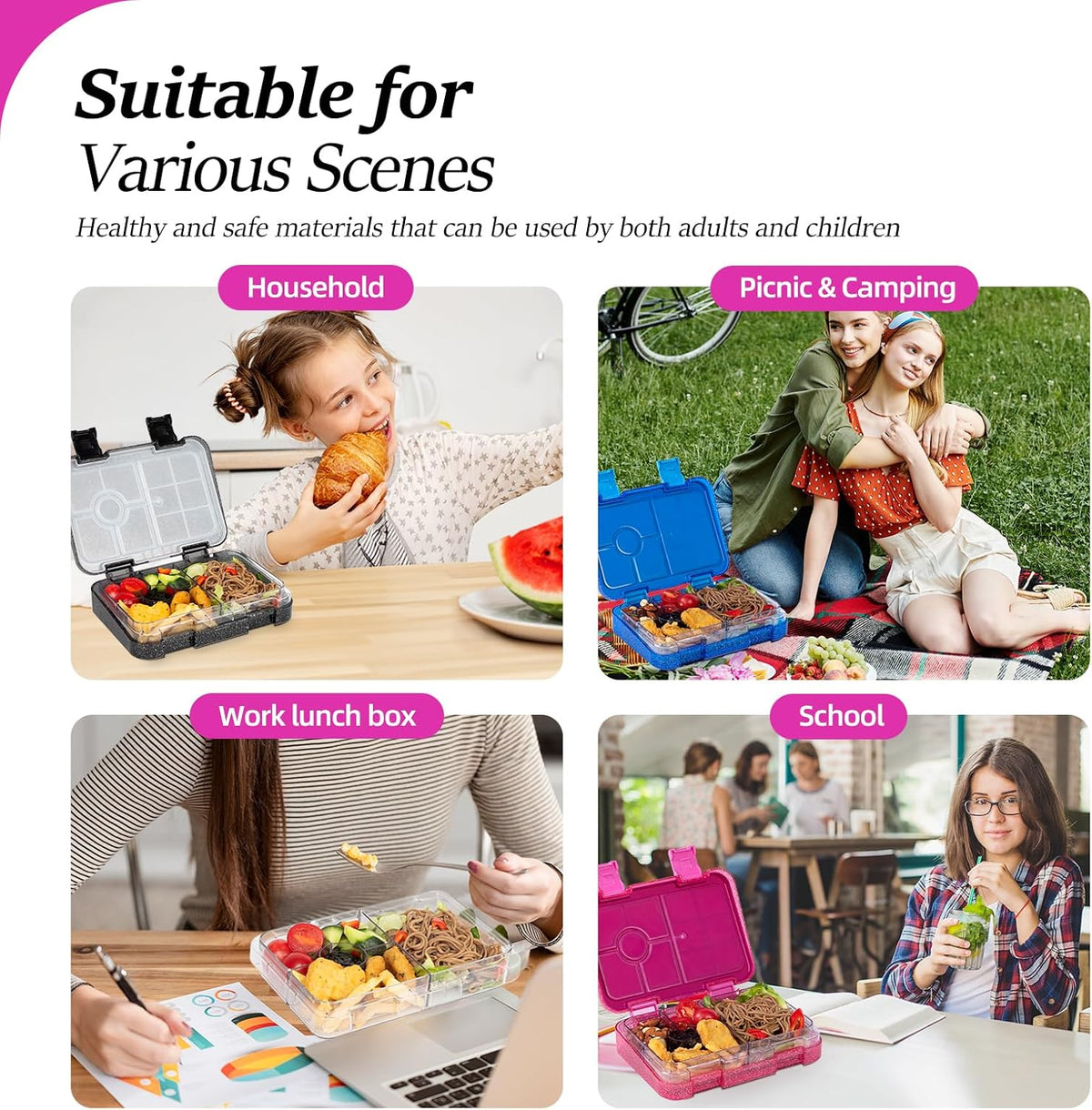 Bento Lunch Box for Kids, 6 Compartments BPA Free, Dishwasher Safe Back to School Snack Bento Lunch Containers Boxes, Ideal Portion Sizes for On-the-Go Meal, Ages 3+, School, Green Patterned