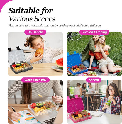 Bento Lunch Box for Kids, 6 Compartments BPA Free, Dishwasher Safe Back to School Snack Bento Lunch Containers Boxes, Ideal Portion Sizes for On-the-Go Meal, Ages 3+, School, Green Patterned