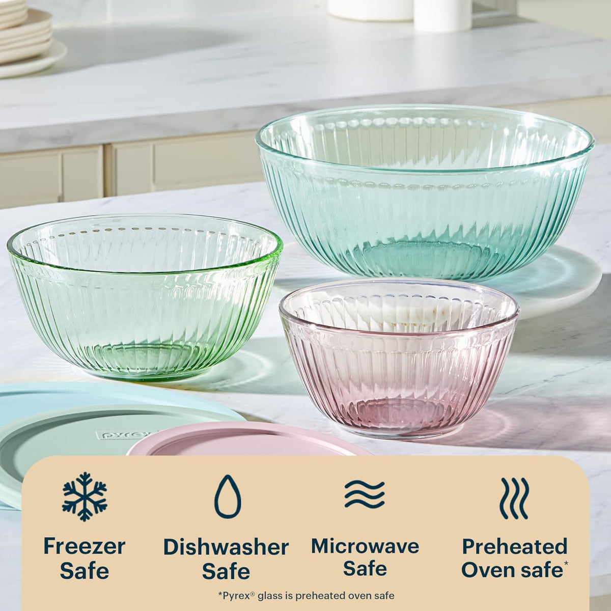 Pyrex Colors Tinted (Full Set) Sculpted Tinted Glass Mixing Bowls With Plastic Lids, Nesting Space Saving Set of Bowls For Prepping and Baking, 1.3QT, 2.3QT & 4.5QT