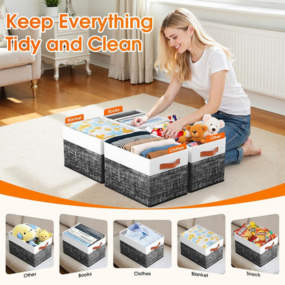 Fab totes Collapsible Storage Baskets for Shelves,14"x10", Foldable Fabric Storage Bins with Double Leather Handles, Large Baskets for Organizing Books, Clothes, White & Grey