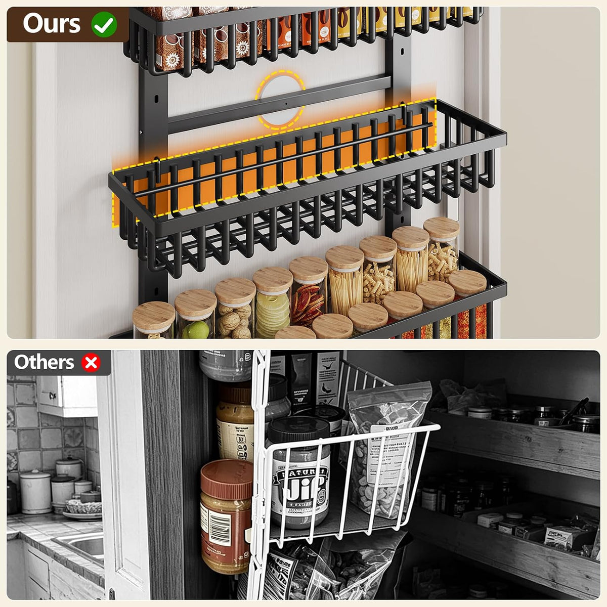 POKIPO 9 Tier Over The Door Pantry Organizer, 2 in 1 Wall Mount or Hanging Spice Rack with Adjustable Deep Basket, Heavy-Duty Seasoning Organizer and Storage for Kitchen Cabinet Closet Bathroom