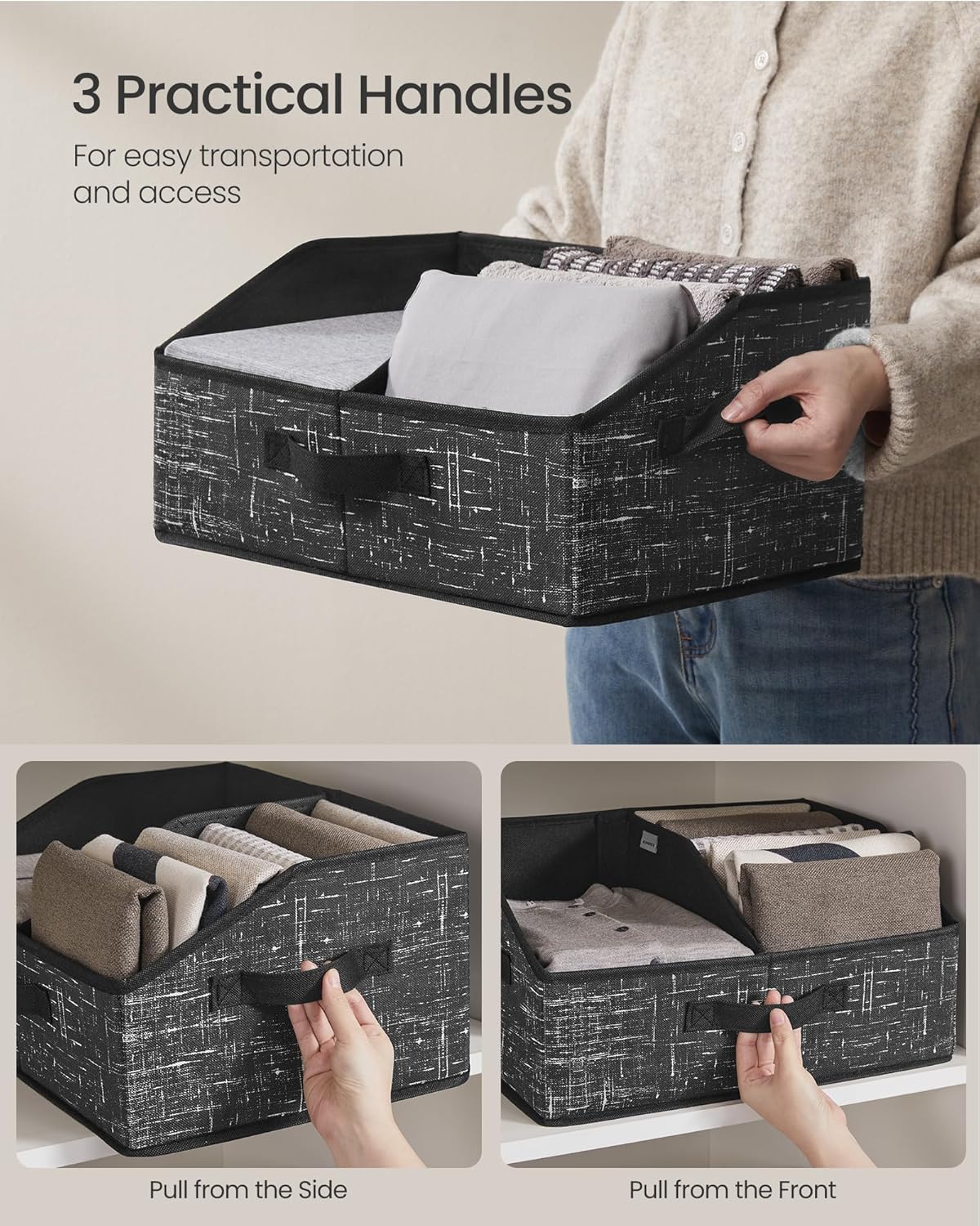 SONGMICS Set of 6 Storage Baskets, Foldable Storage Bins, Fabric Boxes, 15.7 x 11.8 x 7.9 Inches, Closet Storage Organizers, 3 Handles, for Bedroom, Living Room, Summer Sand URFB0140K01