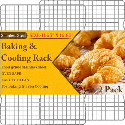 2PCS Cooling Racks for Cooking and Baking - 10" x 15"Heavy Duty Stainless Steel Wire Rack for Baking, Grilling, Roasting - Oven & Dishwasher Safe - Fits Jelly Roll Sheet Pan-Silver