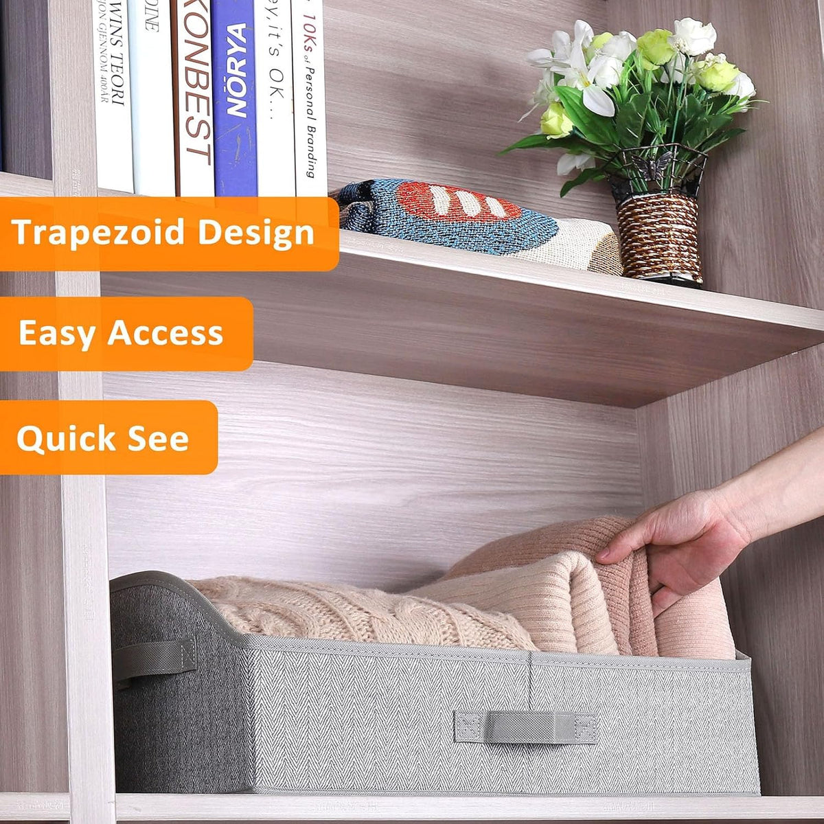 WUIKE Closet Organizers and Storage, Trapezoid Storage Bins, Fabric Closet Bins with Handles, Foldable Storage Baskets for Clothes, Purse, Blanket, Herringbone Gray, Extra Large