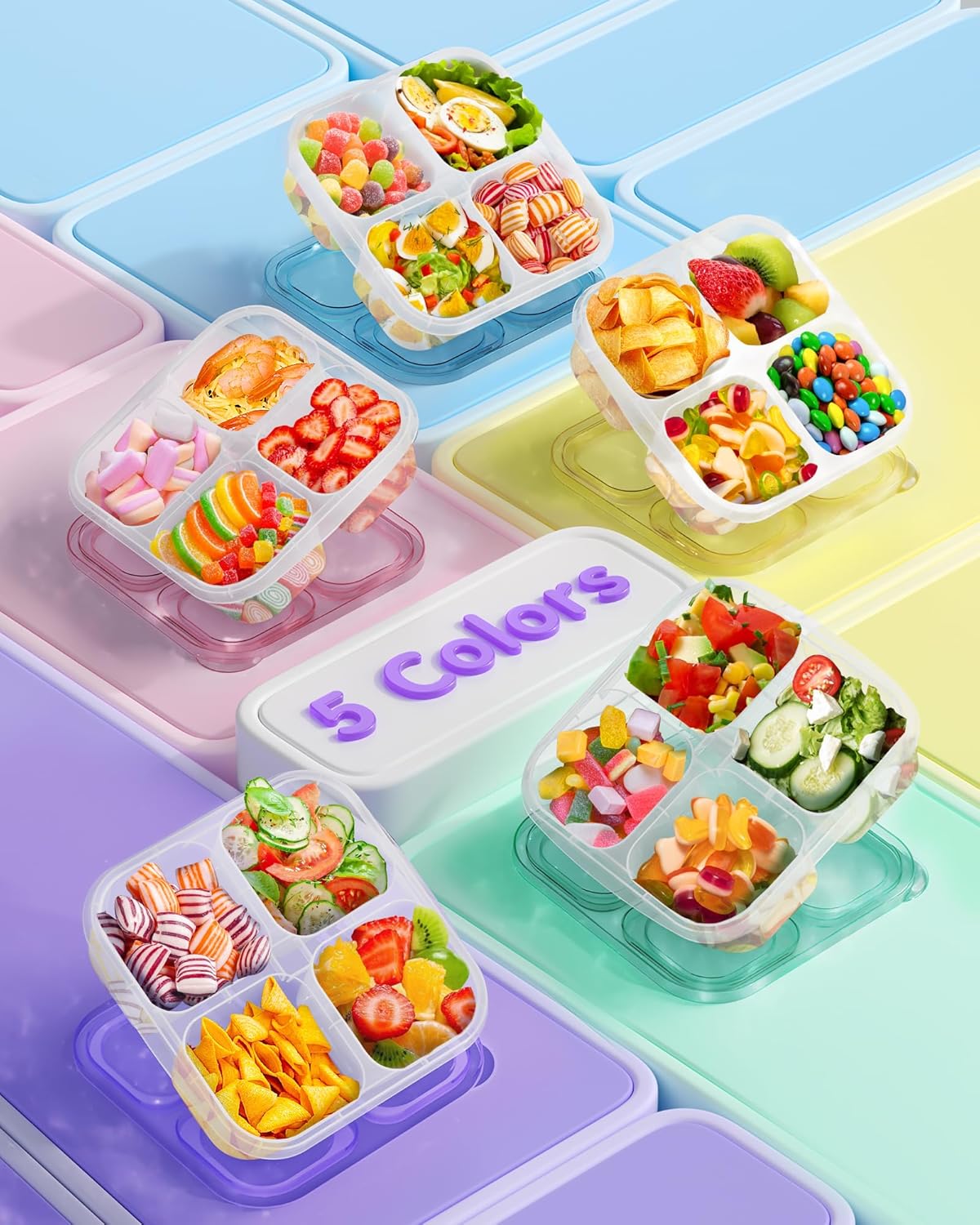 Canfanni 5 Pack Bento Snack Containers, 4 Compartment BPA-free Plastic Food Storage Containers, Divided Lunchable Container, Bento Lunch Box for Work and Travel
