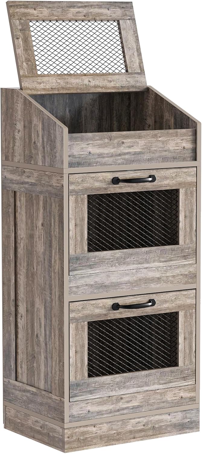 Potato Storage Bin with Lid, Rustic Wooden Onion Storage Bin, Bread Box for Kitchen, Kitchen Decorative Vegetable Storage Cabinet, Rustic Grey HPC001SG