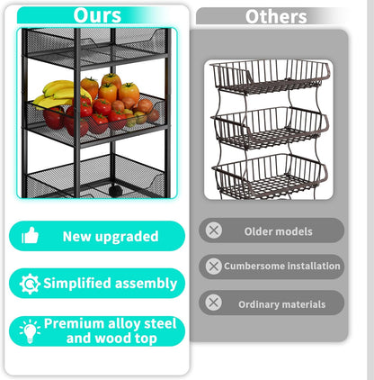 HapiRm Fruit Basket Kitchen Cart - 4-Tier Rolling Storage Cart with Wheels, Fruit Vegetable Basket with Wood Top, Pantry Utility Kitchen Organizer for Fruit Potato Onion Vegetable Bread Snack