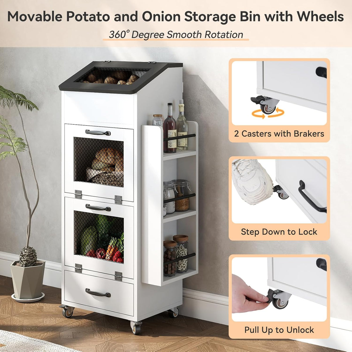 Verano Garden Potato and Onion Storage Bin on Wheels, Wood Bread Box with Lid & Mesh Doors, 4-Tier Rolling Fruit and Vegetable Storage Organizer w/Drawer & Side Rack for Kitchen (Rustic Brown, 16.0")