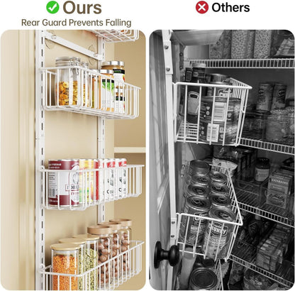 Delamu Adjustable Cabinet Door Organizer, 6-Tier Hanging Spice Rack Organizer, Metal Over the Door Pantry Organizer, Pantry Organizers and Storage Shelves for Kitchen Bathroom Laundry Room, White M