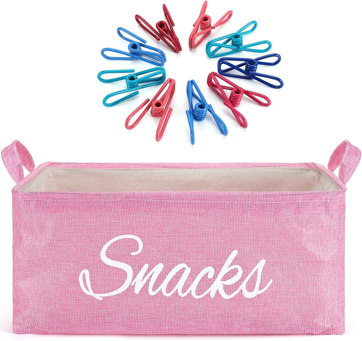 Newtay 17 Pcs Snack Basket Sets, Snack Storage Bin for Pantry Shelves with 16 Pcs 2 Inch Chip Clips, Basket Organizer for Kitchen Home, Chips, Popcorn, Candy, Pretzels(Burlap,Khaki)
