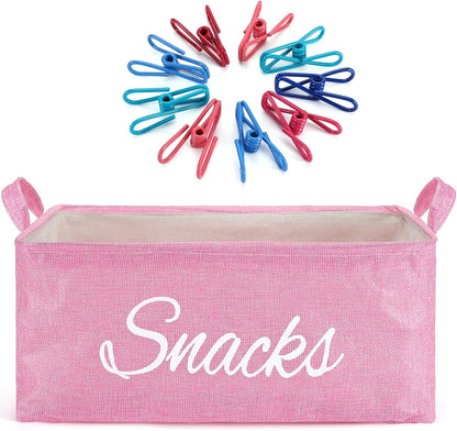 Newtay 17 Pcs Snack Basket Sets, Snack Storage Bin for Pantry Shelves with 16 Pcs 2 Inch Chip Clips, Basket Organizer for Kitchen Home, Chips, Popcorn, Candy, Pretzels(Burlap,Khaki)