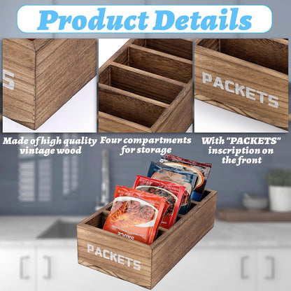 BSTKEY Seasoning Packet Organizer, Food Packet Storage Organizer with 4 Compartments, Wooden Storage Caddy for Kitchen Pantry Cabinet, Farmhouse Kitchen Organization Bin for Snacks Spice Packets