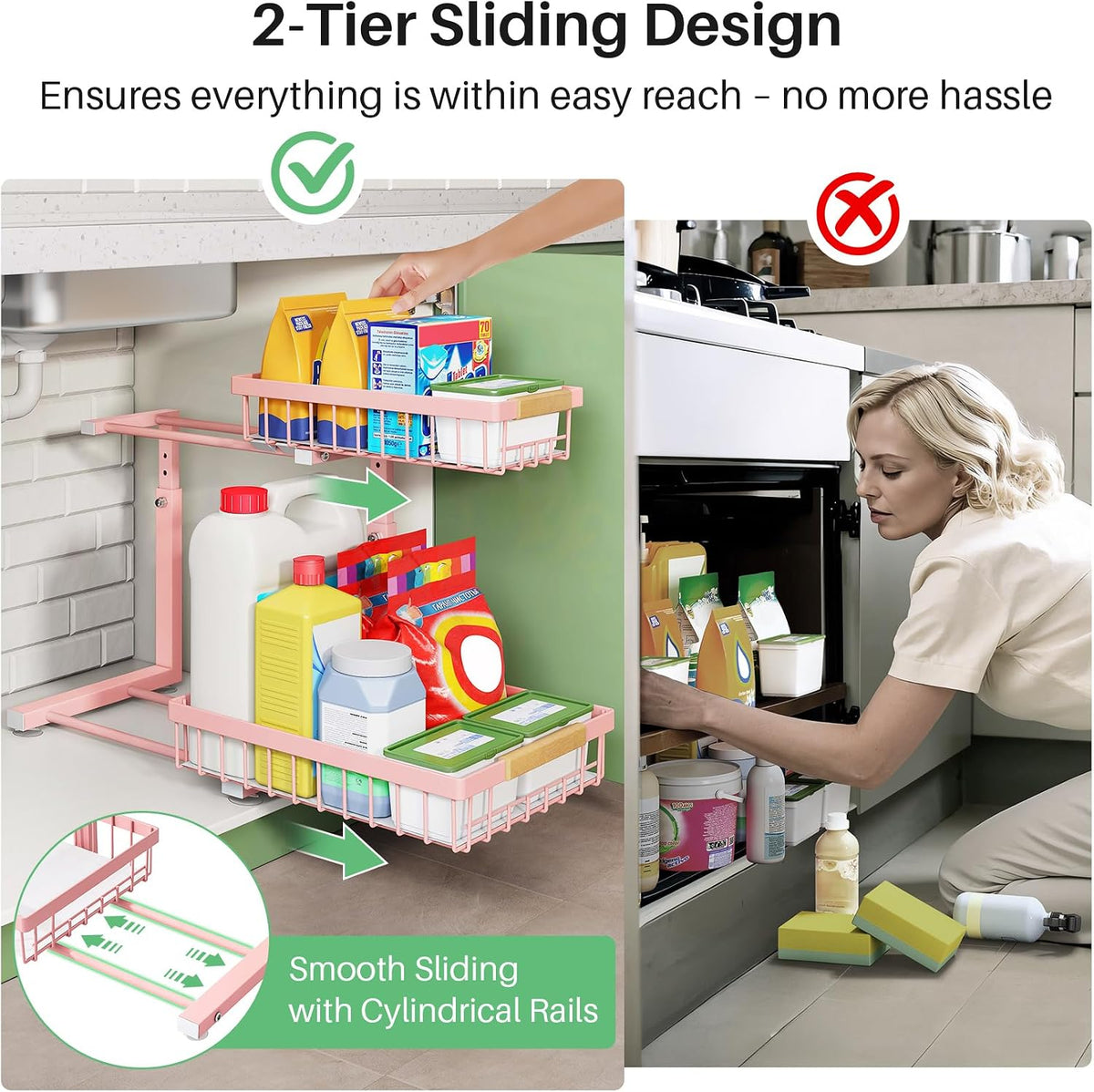 Kitstorack Under Sink Organizer, 2 Tier Under the Sink Storage, Slide out Pull out Cabinet Organizer Shelf, Metal Sliding Drawer for Kitchen Bathroom Pantry Closet Organization Rack, Black
