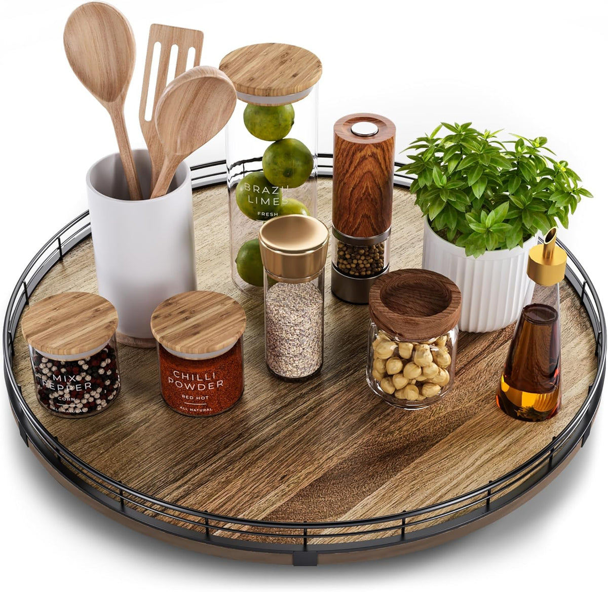 Acacia Wood 13" Lazy Susan Turntable Organizer for Table Top, Farmhouse Round Wooden Lazy Susan for Cabinet Kitchen Centerpieces Coffee Table, for Condiments Spices, Bathroom Vanity Tray Decor