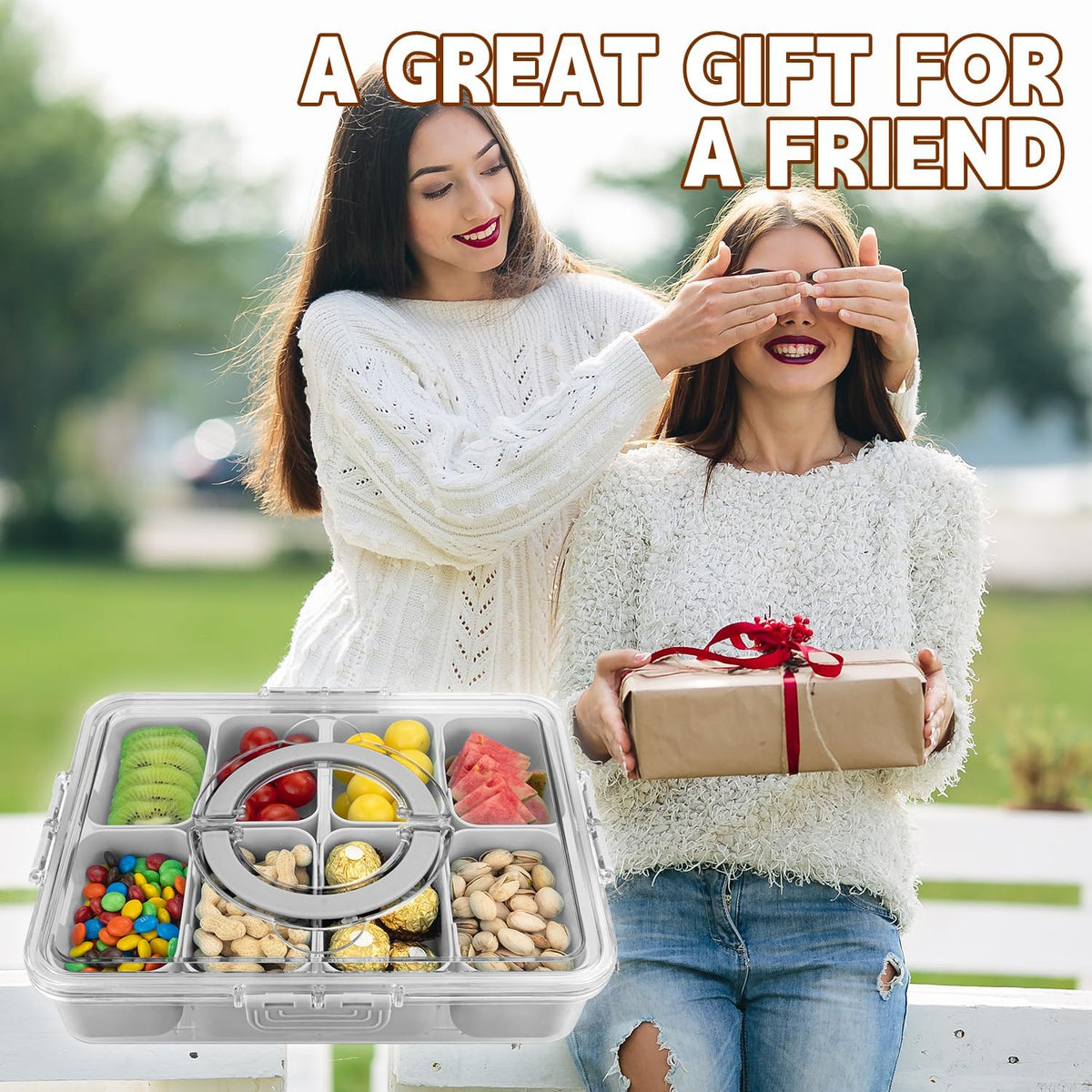 Divided Serving Tray with Lid and Handle,8 Compartments Snacks Box,Snack Fruit Tray,Veggie Tray,Portable Platter for Candy Fruits Nuts Snack Party Entertaining Picnic