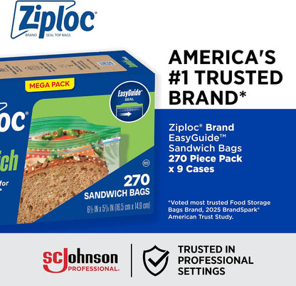 Ziploc Sandwich and Snack Bags with EasyGuide Texture, Plastic Storage Bags with Grip 'n Seal Technology, 270 Bags Total