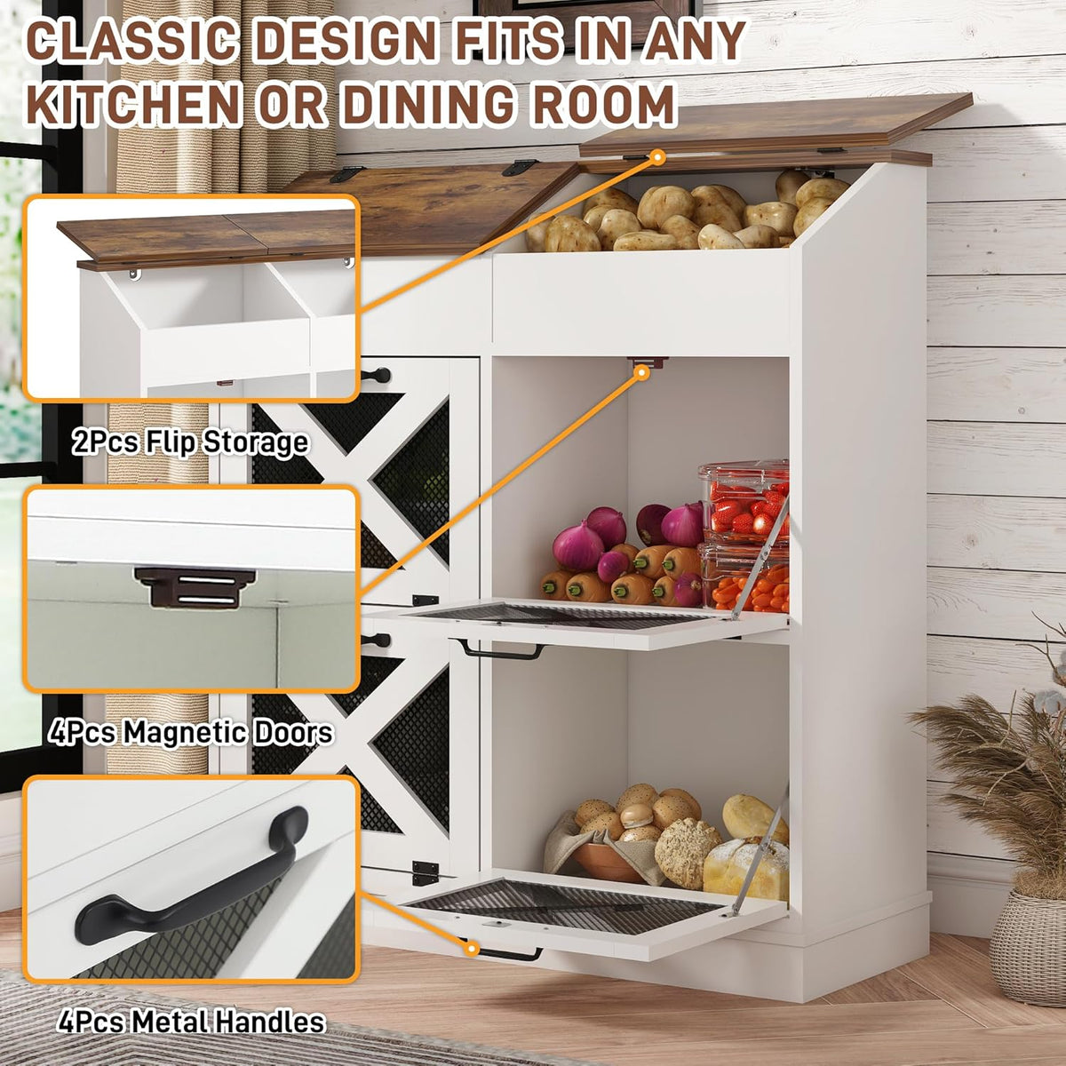 Potato And Onion Storage Bin with Lid,Veggie Bin W/6 Large Storage Box.Root Vegetable Storage Box For Kitchen,Farmhouse Potato Storage Bin W/4 Mesh Doors,Bread Keeper for Toast,Bagel,Donut,Cookies
