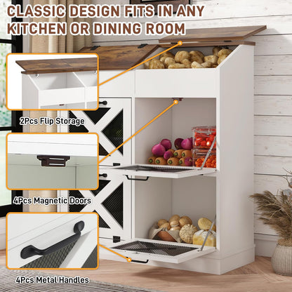 Potato And Onion Storage Bin with Lid,Veggie Bin W/6 Large Storage Box.Root Vegetable Storage Box For Kitchen,Farmhouse Potato Storage Bin W/4 Mesh Doors,Bread Keeper for Toast,Bagel,Donut,Cookies