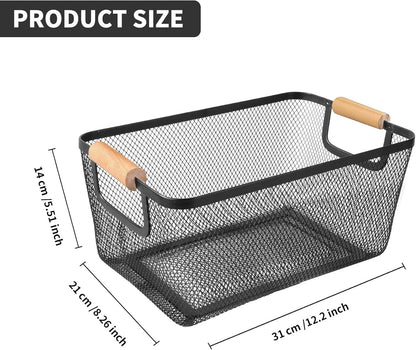 2 Pack 12" Wide Metal Mesh Baskets with Bamboo Handles for Pantry Organization | Wire Storage Bins for Kitchen, Cabinet, Fruit & Snacks | Decorative Farmhouse Style Organizer
