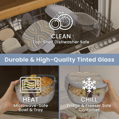 Bentgo Glass Prints Salad Container - 7.6-Cup Tinted Glass Salad Bowl with Airtight Lid, Leak-Proof Sauce Container, 4-Compartment Bento Meal Prep Tray & Reusable Fork (Floral Maximalist - Sea)