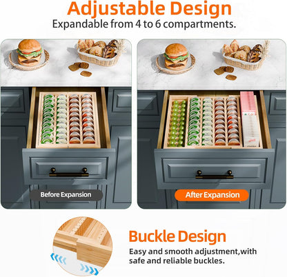 Simple Trending Bamboo Coffee Pod Holder Drawer, Expandable K Cup Pod Storage Compatible with Nespresso Vertuo Capsules, K Cup Drawer Organizer for Coffee Station, Home Office, Kitchen, Natural