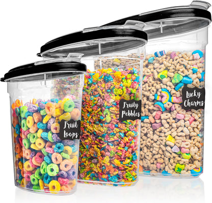 Shazo 3 PC Cereal Container Storage Set (5.2L, 2.8L, 1.2L) - Large Airtight Food Storage Containers with Flip-Top Lids, BPA-Free Plastic Cereal Dispenser for Pantry, Rice, Flour, Sugar & Pasta