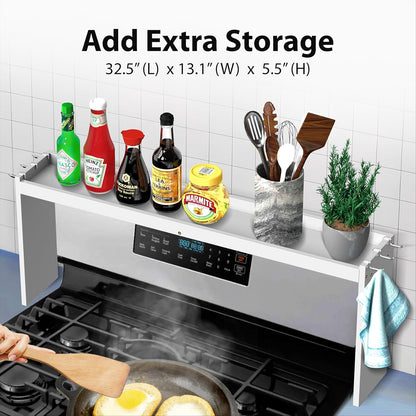 IIIOIIIA Bamboo Over the Stove Spice Shelf for Kitchen, 31.5" Spice Rack Organizer Shelf with 6 hooks, 11.4" Height Extra Storage Countertop, Easy to Assemble