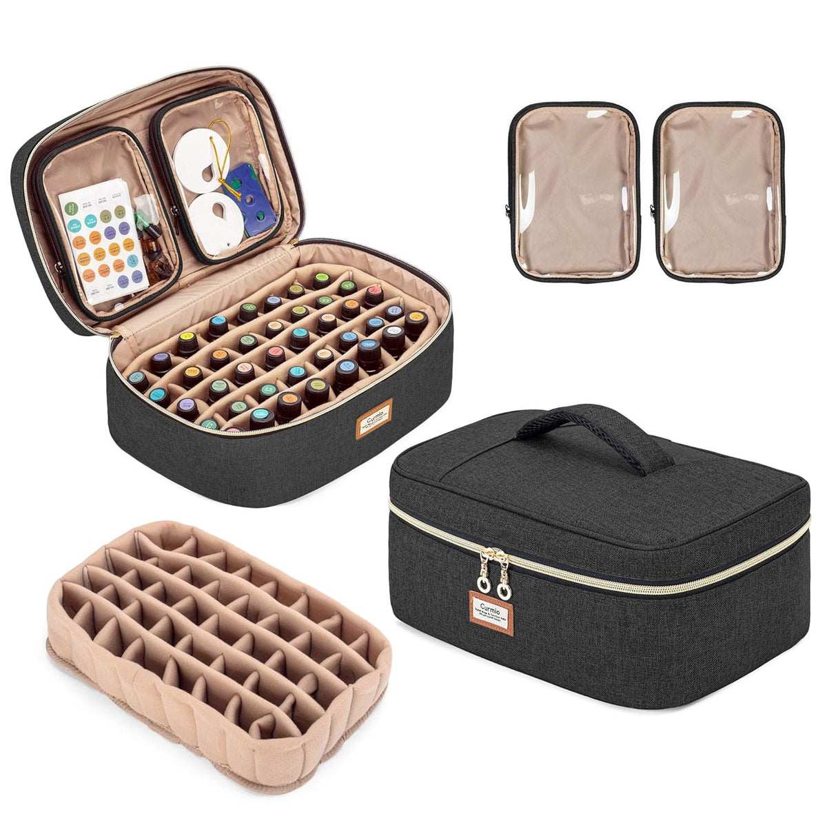 CURMIO Essential Oil Storage Case for 40 Bottles (5ml-30ml), Essential Oils Organizer Case with 2 Detachable Visible Pouches and Portable Handle, Patented Design, Gray (Bag Only)