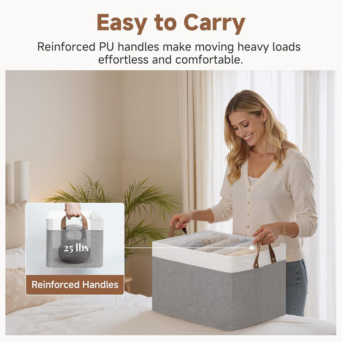 StorageWorks Storage Bins, Shelves Baskets for Organizing, Fabric Closet Organizers with Handles, Metal Frame, Beige-Cotton-linen, 2-Pack