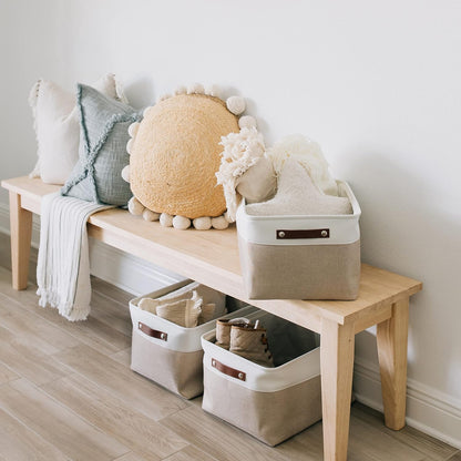 OrganiHaus 12x8in Canvas Storage Baskets 3 Pack | SMALL Fabric Bins for Shelves | Pantry & Bathroom Organizer | Beige/Off-White