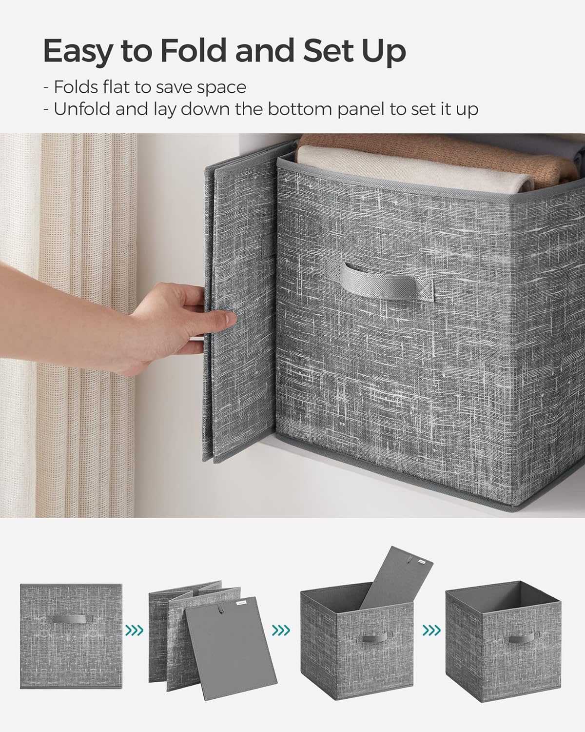 SONGMICS Storage Cubes, 11-Inch Non-Woven Fabric Bins with Double Handles, Set of 6, Closet Organizers for Shelves, Foldable, for Clothes, Cattail Gray UROB26LG