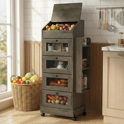 ARTETHYS Potato and Onion Storage Bin for Pantry 5-Tier Rolling Fruit and Vegetable Organizer with Spice Rack on Wheels Movable Large Bread Box Cabinet with 4 Ventilated Drawers for Kitchen, Rustic