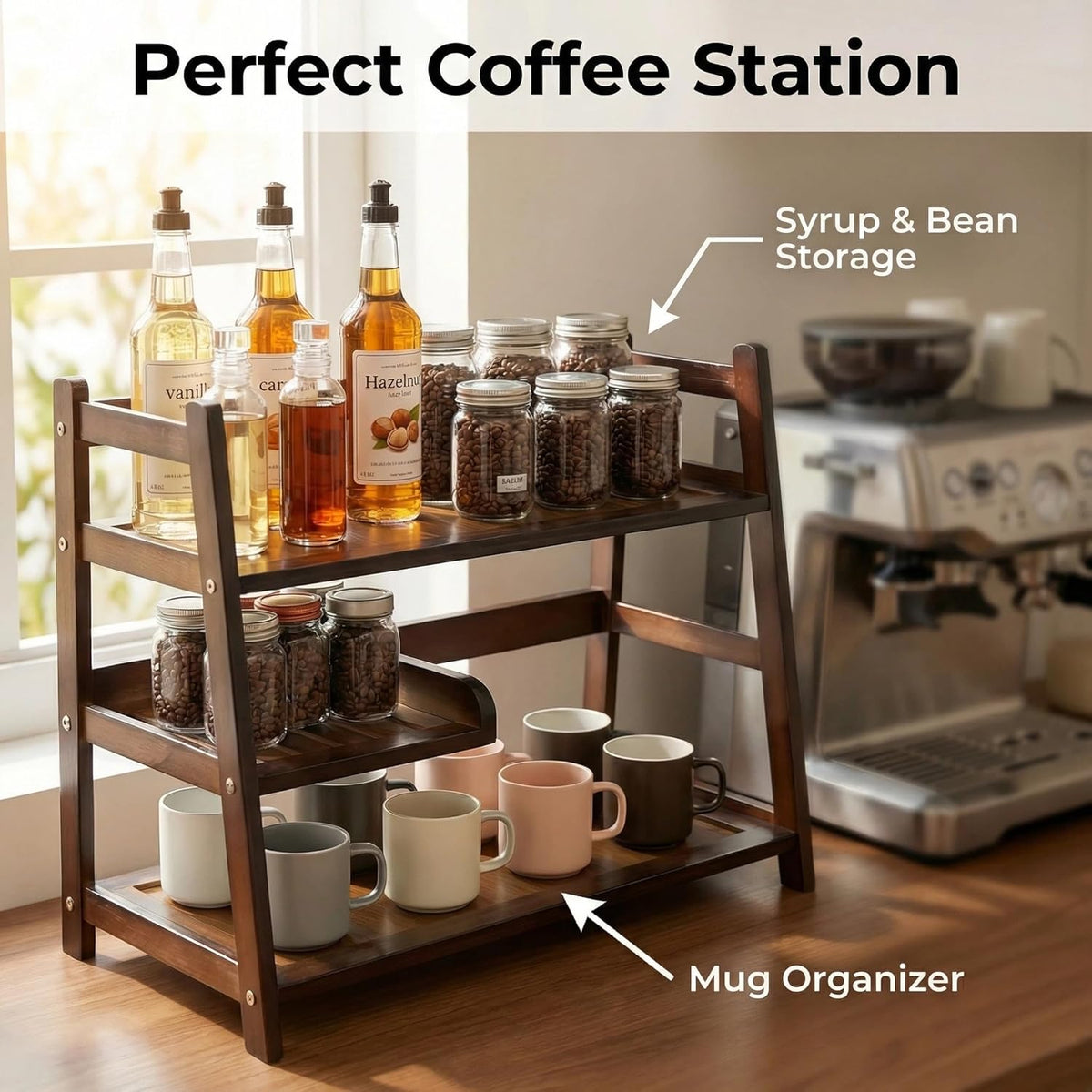 3 Tier Bamboo Matcha Station, coffee station organizer Shelf for Kitchen Countertop, Tea Bar - Matcha Powder, Tools & Cup Organizer for Matcha Lovers, Home Baristas.