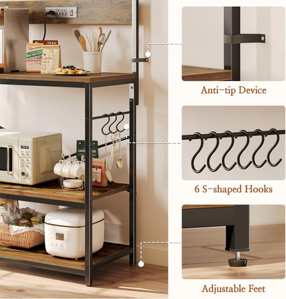 SUPERJARE Kitchen Bakers Rack with Power Outlet, Coffee Bar Table 4 Tiers, Kitchen Microwave Stand with 6 S-shaped Hooks, Storage Shelf Rack for Spices, Pots and Pans - Rustic Brown