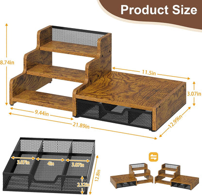 Coffee Station Organizer with K Cup Holder, 28 Pod Capacity,3-Tier Syrup Rack with Coffee Pod Holder Drawer, Coffee Bar organizer Countertop for Accessories,Rustic Brown