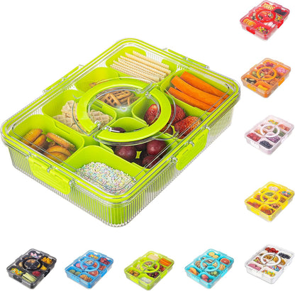 Patent Design Ribbed Snackle Box Container Snack Container Divided Serving Tray with Lid and Handle, 8 Divider Portable Snacklebox for Travel Beach for Charcuterie Veggie Fruit Candy,1 Pack